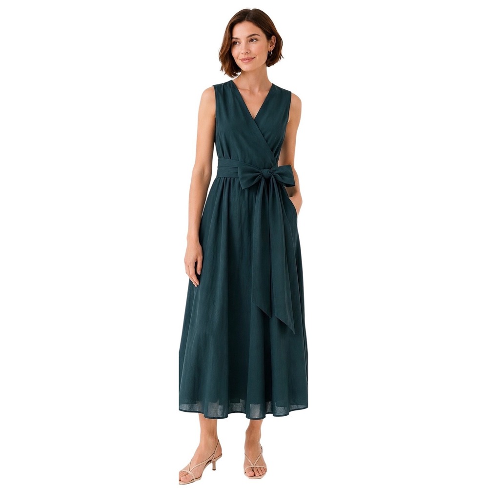 Banana Republic Cotton Wrap Midi Dress Size 2 Green Lined Quiet Luxury Pockets
